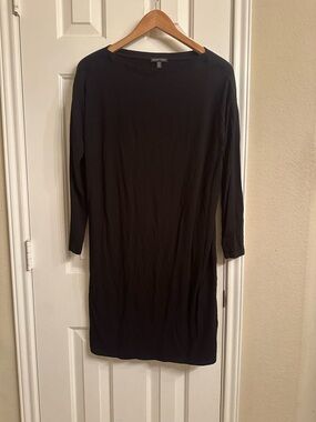 Eileen Fisher Black Long Sleeve Crewneck Shift Dress with Ribbed Detailed Collar